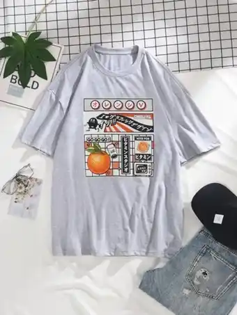 SheIn Men orange & japanese letter graphic tee offer