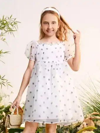 SheIn Shein girls polka dot puff sleeve frilled mesh party dress offer