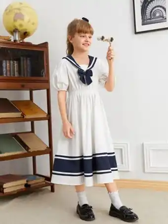 SheIn Shein girls puff sleeve bow detail sailor collar dress offer