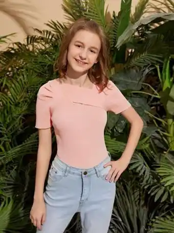 SheIn Shein teen girls asymmetrical neck rib knit top offer