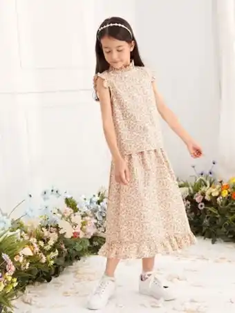 SheIn Shein girls ditsy floral print frill neck a-line dress offer