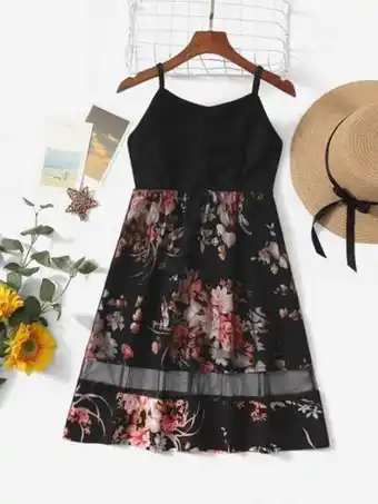 SheIn Girls floral print ruched mesh panel cami dress offer
