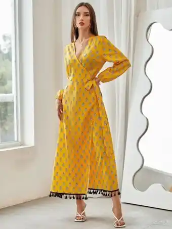 SheIn Allover floral print tassel trim lantern sleeve wrap knot side dress offer