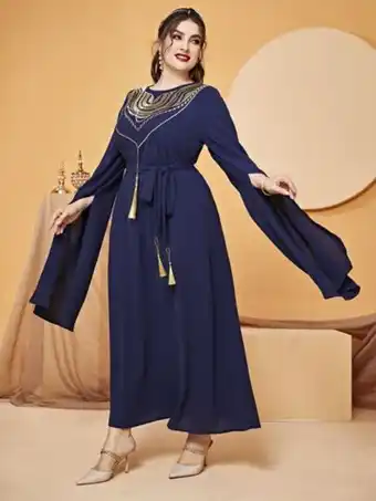 SheIn Plus embroidery tassel detail extra-long sleeve belted dress offer