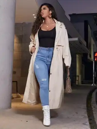 SheIn Shein plus drawstring waist button front hooded trench coat offer