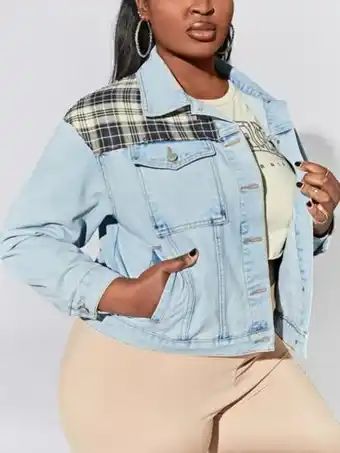SheIn Plus flap pocket plaid panel denim jacket offer