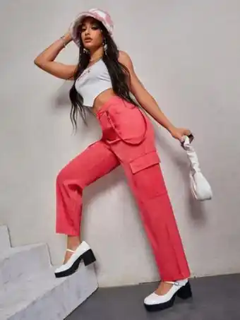 SheIn Flap pocket side key-holder strap detail pants offer