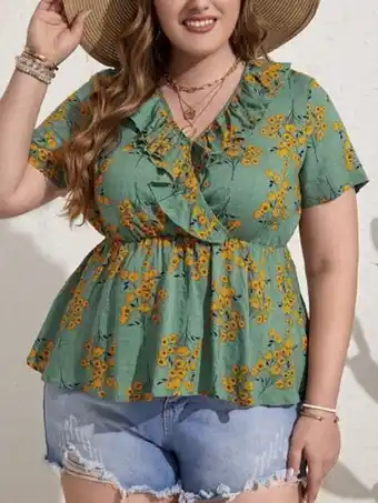 SheIn Shein plus ditsy floral print ruffle trim peplum blouse offer