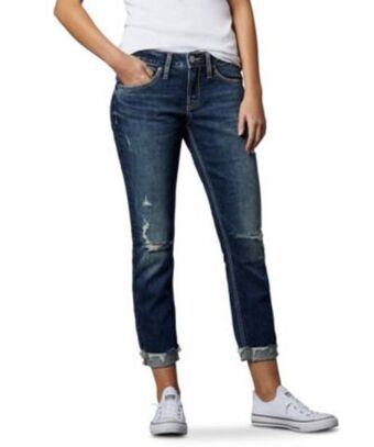 Mark's Women's boyfriend mid rise slim destruction raw hem jeans offer