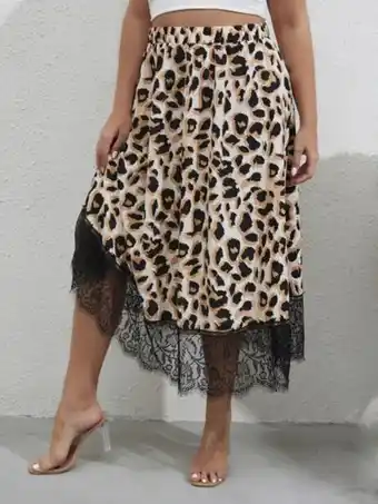 SheIn Plus leopard print eyelash lace panel skirt offer