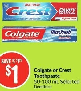 FreshCo Colgate or Crest Toothpaste 50-100ml offer