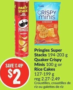 FreshCo Pringles Super Stacks 194-203g/ Quaker Crispy Minis 100g or Rice Cakes 127-199g offer
