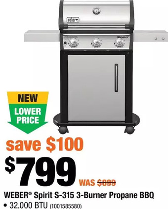 Home Depot Weber Spirit S-315 3-Burner Propane BBQ offer