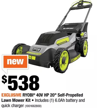 Home Depot Ryobi 40V HP 20" Self-Propelled Lawn Mower Kit offer