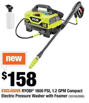 Home Depot Ryobi 1800 PSI, 1.2 GPM Compact Electric Pressure Washer with Foamer offer