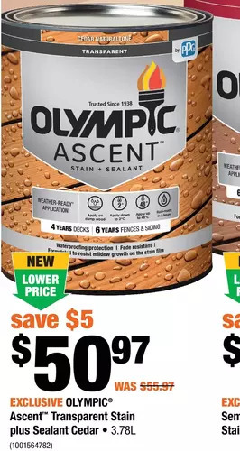 Home Depot Olympic Ascent Transparent Stain Plus Sealant Cedar offer