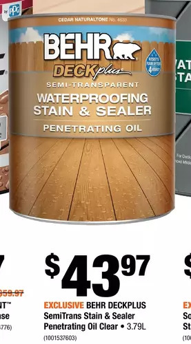 Home Depot Behr DECKPlus SemiTrans Stain & Sealer Penetrating Oil Clear offer