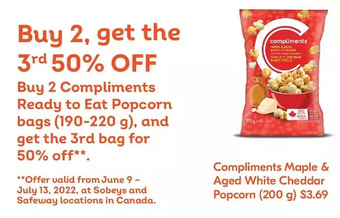 Sobeys Compliments Maple & Aged White Cheddar Popcorn offer