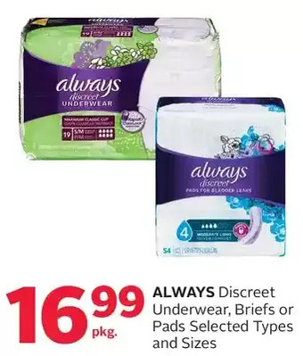 Rexall Always Discreet Underwear, Briefs or Pads offer