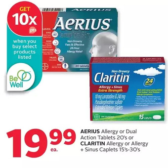 Rexall Aerius Allergy or Dual Action Tablets or Claritin Allergy or Allergy + Sinus Caplets offer