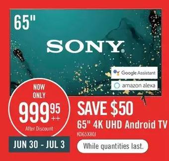 The Brick Sony 65" X80J 4K HDR LED smart Google TV - KD65X80J offer