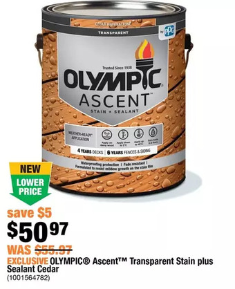 Home Depot Olympic Ascent Transparent Stain Plus Sealant Cedar offer