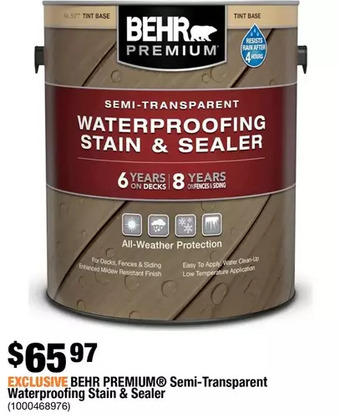 Home Depot Behr Premium Semi-Transparent Waterproofing Stain & Sealer offer