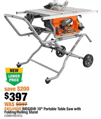 Home Depot Ridgid 10" Portable Table Saw with Folding/Rolling Stand offer