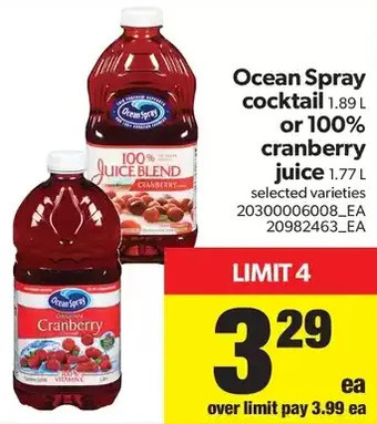 Real Canadian Superstore Ocean Spray Cocktail or 100% Cranberry Juice offer