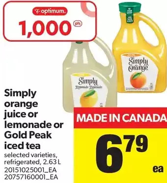 Real Canadian Superstore Simply Orange Juice or Lemonade or Gold Peak Iced Tea offer
