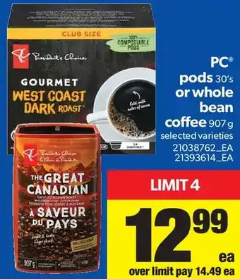 Real Canadian Superstore PC Pods or Whole Bean Coffee offer