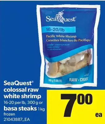 Real Canadian Superstore SeaQuest Colossal Raw White Shrimp or Basa Steaks offer