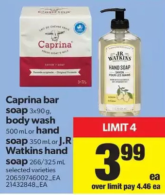 Real Canadian Superstore Caprina Bar Soap, Body Wash or Hand Soap or J.R Watkins Hand Soap offer