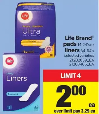Real Canadian Superstore Life Brand Pads or Liners offer