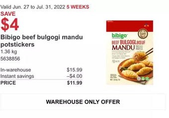 Costco Bibigo beef bulgogi mandu potstickers offer