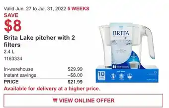 Costco Brita Lake pitcher with 2 filters offer