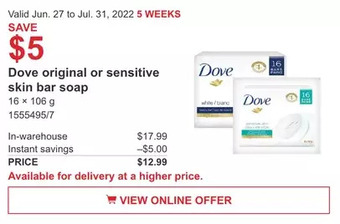Costco Dove original or sensitive skin bar soap offer