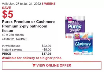 Costco Purex Premium or Cashmere Premium 2-ply bathroom tissue offer