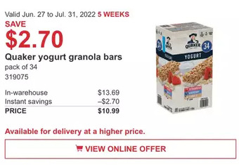 Costco Quaker yogurt granola bars offer