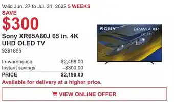 Costco Sony XR65A80J 65 in. 4K UHD OLED TV offer
