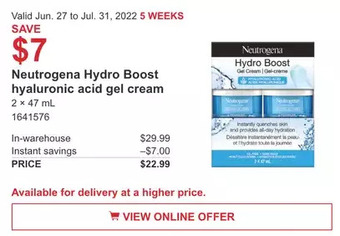 Costco Neutrogena Hydro Boost hyaluronic acid gel cream offer