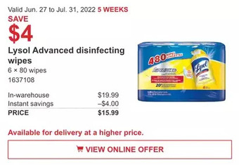 Costco Lysol Advanced disinfecting wipes offer