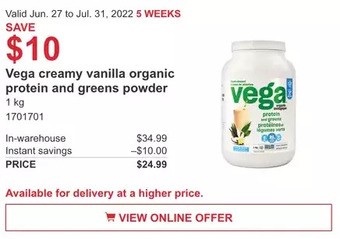 Costco Vega creamy vanilla organic protein and greens powder offer
