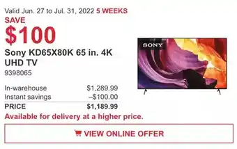 Costco Sony KD65X80K 65 in. 4K UHD TV offer