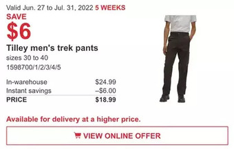 Costco Tilley men's trek pants offer