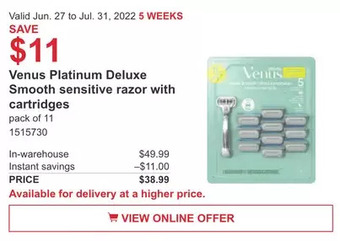 Costco Venus Platinum Deluxe Smooth sensitive razor with cartridges offer