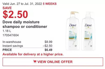 Costco Dove daily moisture shampoo or conditioner offer
