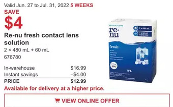 Costco Re-nu fresh contact lens solution offer