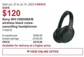 Costco Sony WH-1000XM4/B wireless black noise-cancelling headphones offer