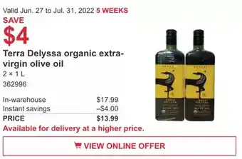Costco Terra Delyssa organic extra-virgin olive oil offer